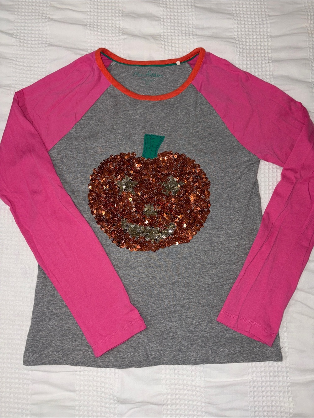 Mini Boden sequin, pumpkin Halloween shirt girls 11–12